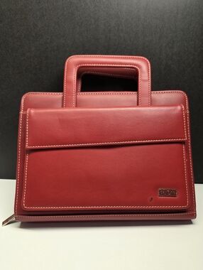 Franklin Covey Day One Red Leather 7 Ring Planner w/ Retractable Handles Vintage
